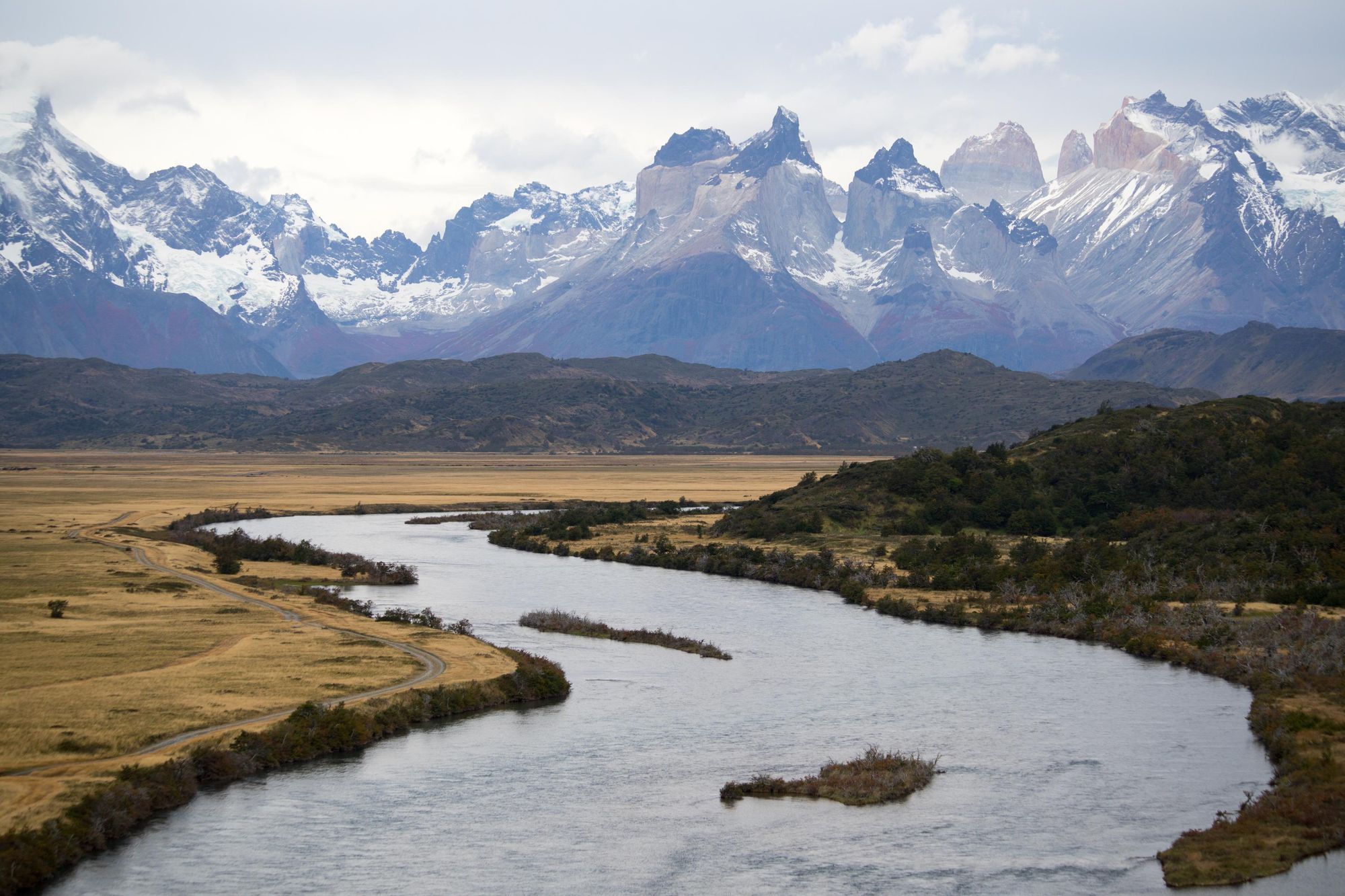 The Rio Serrano and the plains below the mountains of the Torres del Paine. Photo: Getty