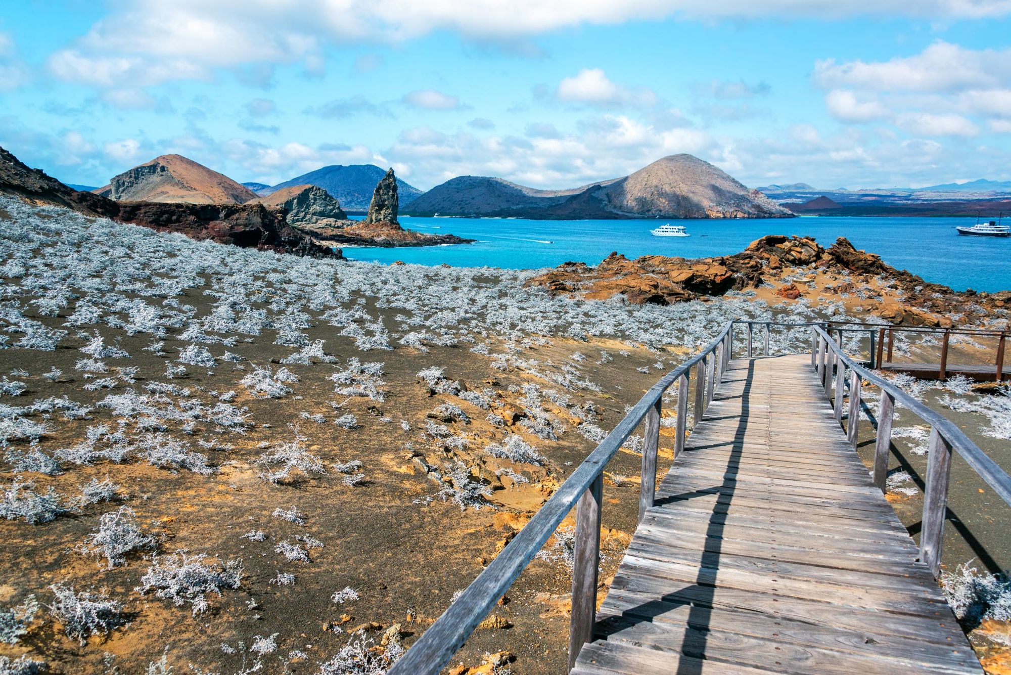 A view ofthe  walkway on Bartolome Island, with Pinnacle Rock in the background in the Galapagos Islands. Photo: Getty