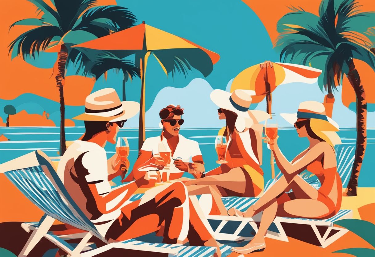 an animation of four people drinking aperol spritz in a hotel resort