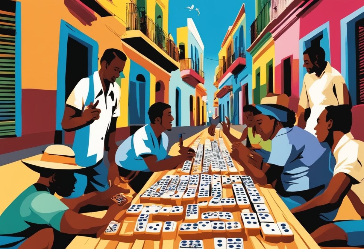 an animation of people playing dominoes in the streets of Havana, Cuba