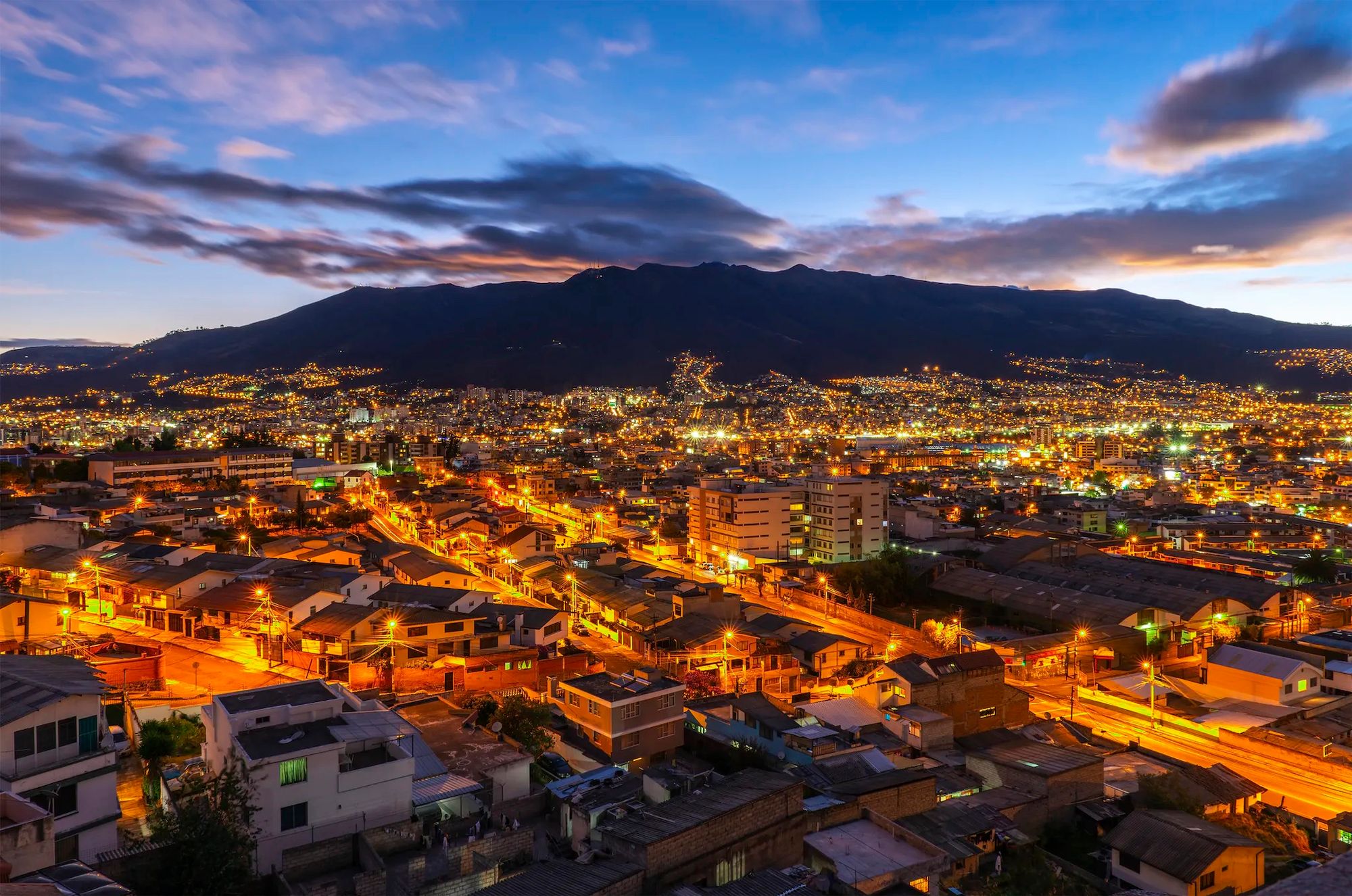 Quito, the capital of Ecuador, viewed at night. Photo: Getty.