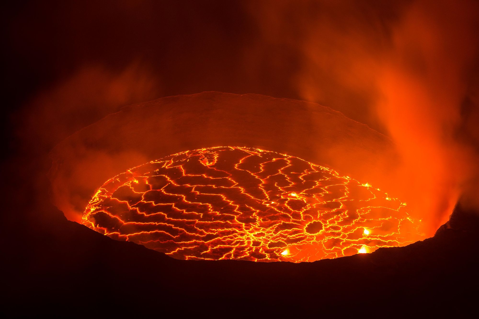 A view into the lava lake inside the crater of Nyiragongo volcano; the largest lava lake on earth. Photo: Getty