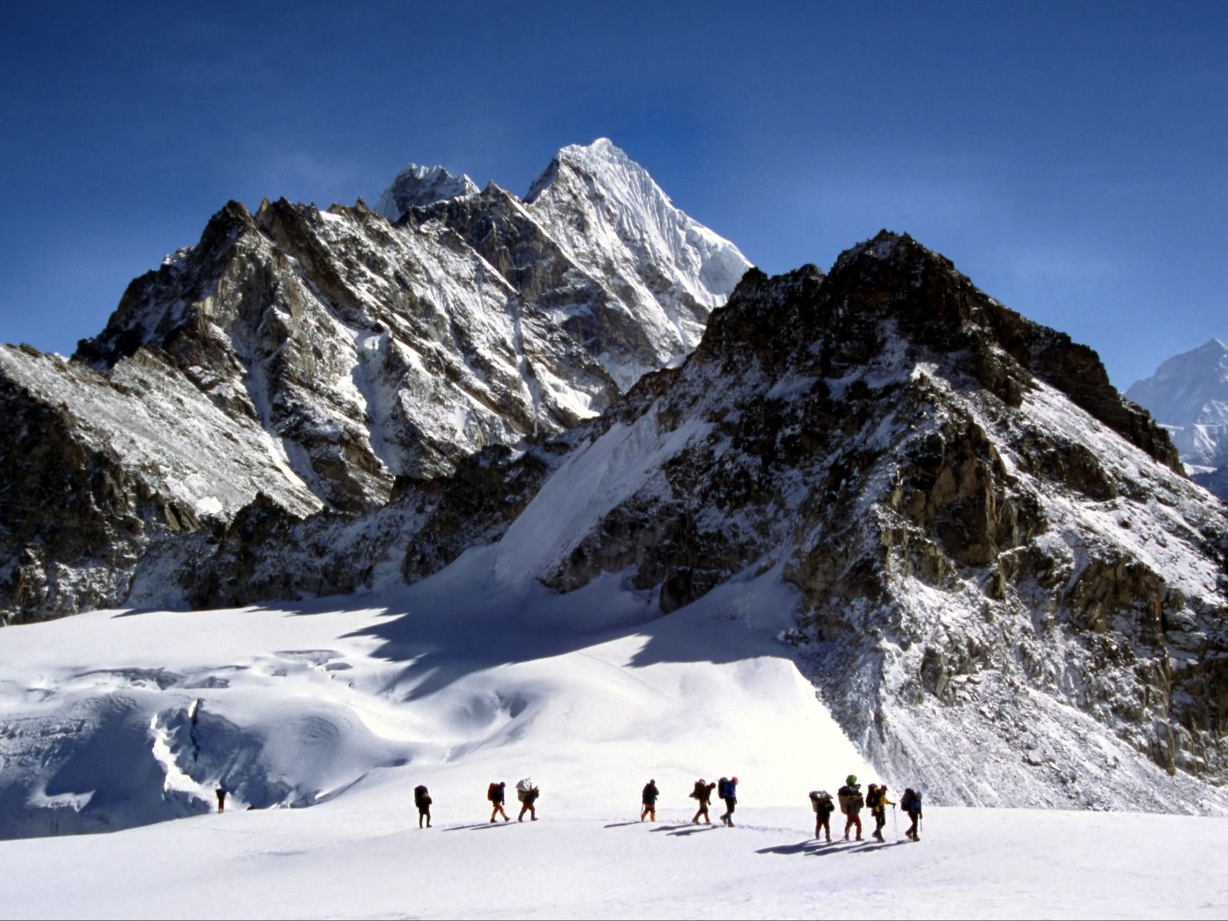Hikers strike out across Mera Glacier. Photo: Getty.