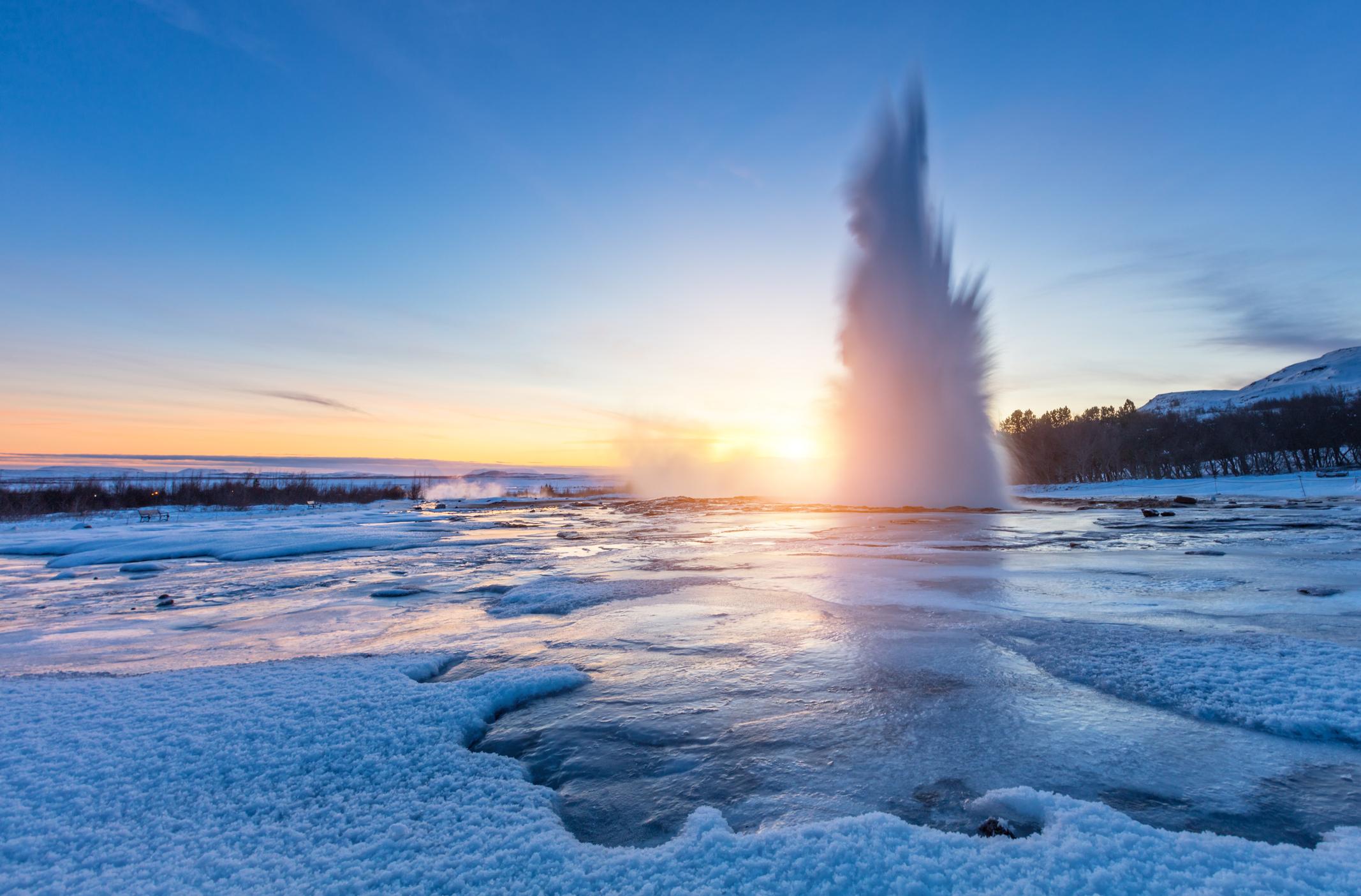 A sunset eruption of Geysir, in the Golden Circle of Iceland. Photo: Getty.