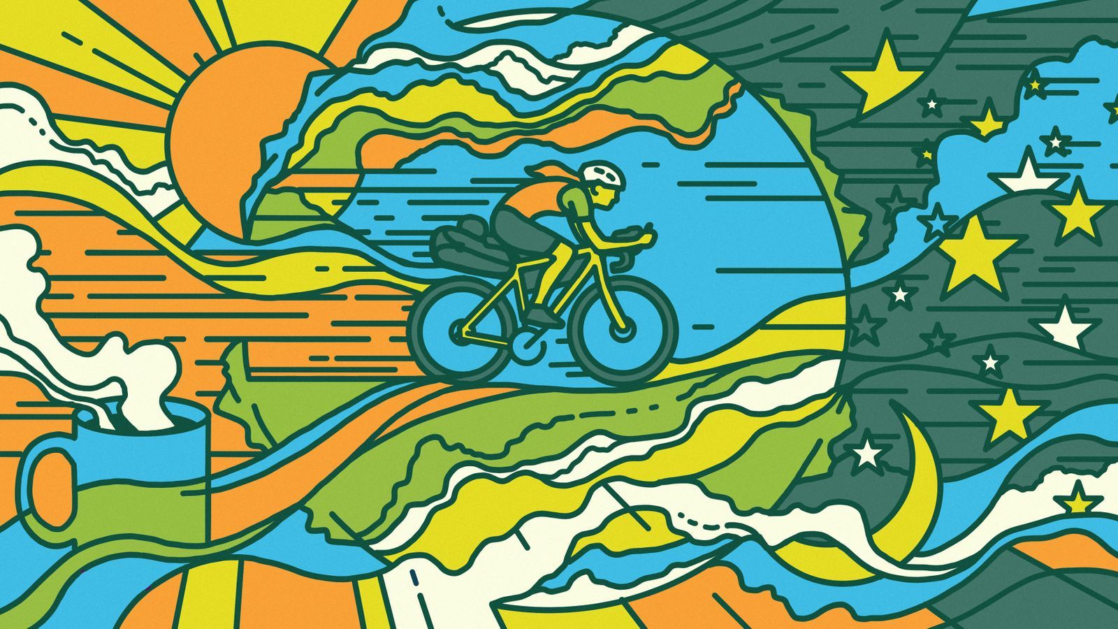 Jenny Graham cycles around the world in 124 days, 10 hours and 49 minutes, across 29,657km. Illustration: Charlie McCulloch