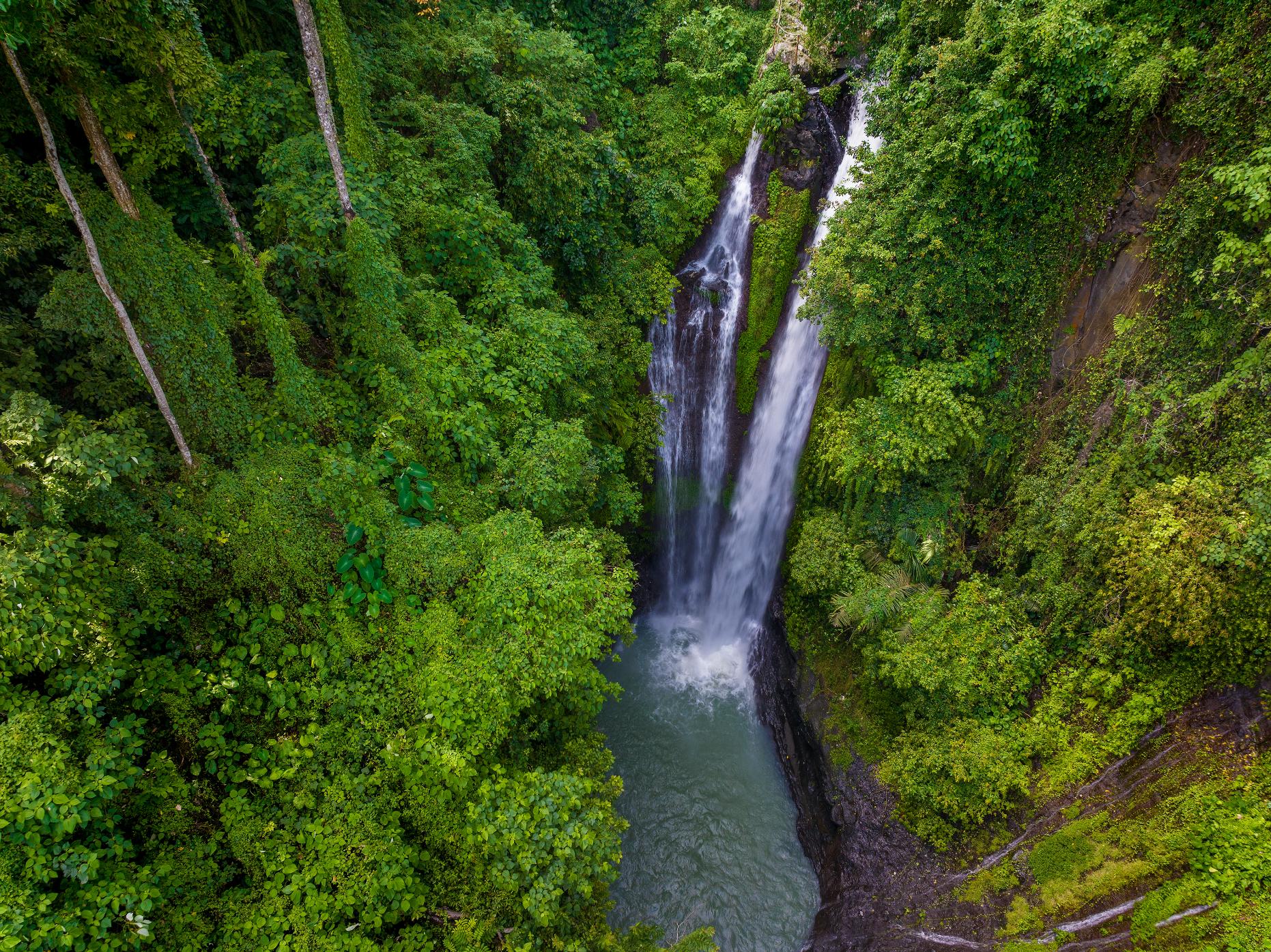 An aerial view of the mighty Aling Aling waterfall, near the end of the route. Photo: Getty