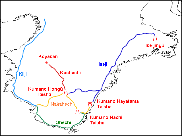 Map of the Kumano Kodo and the five main pilgrimage routes