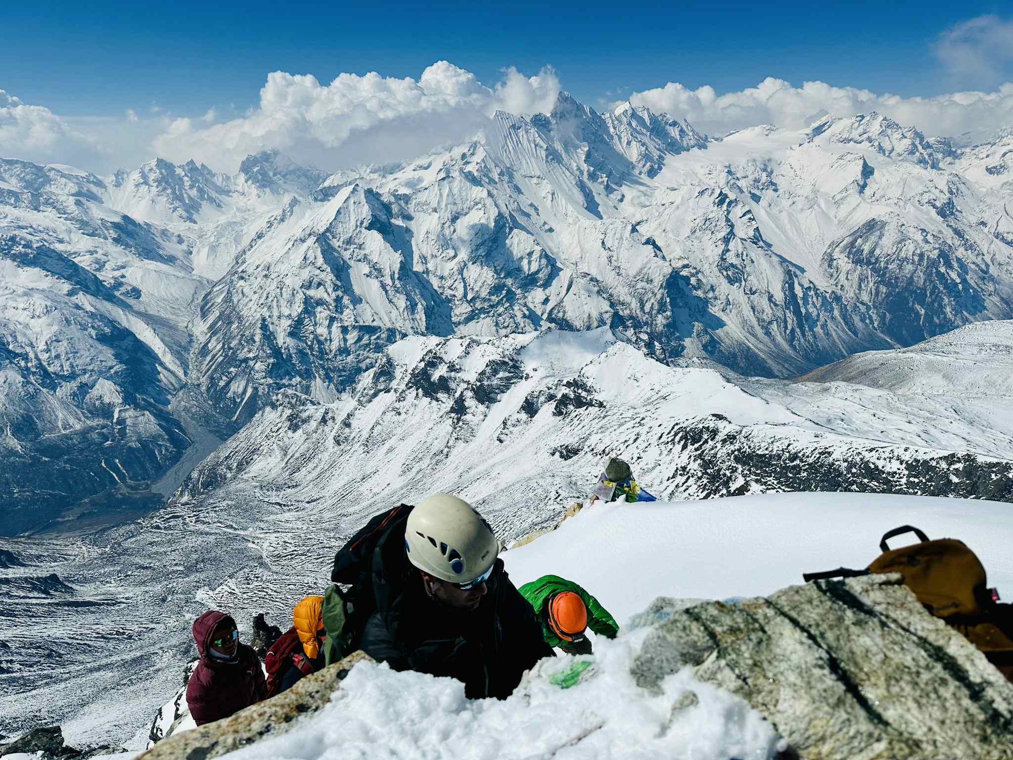 Climbing Yala Peak. Photo: Jared Rawlings.