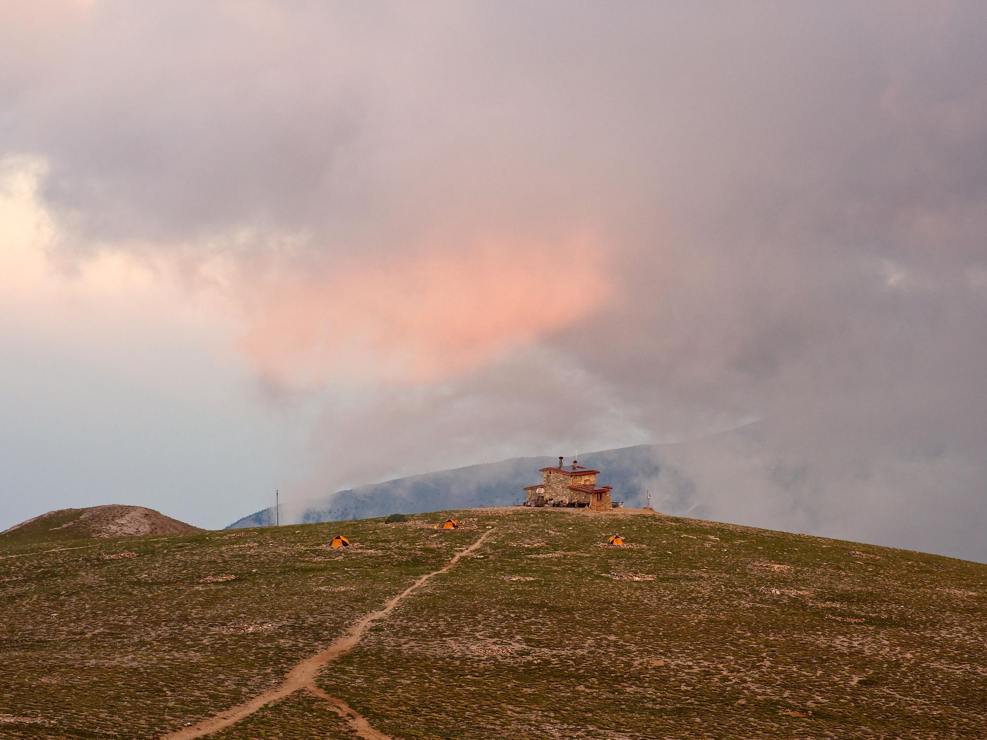 A view out over the Muses Plateau and the Christos Kakkalos Refuge on Mount Olympus. Photo: Getty