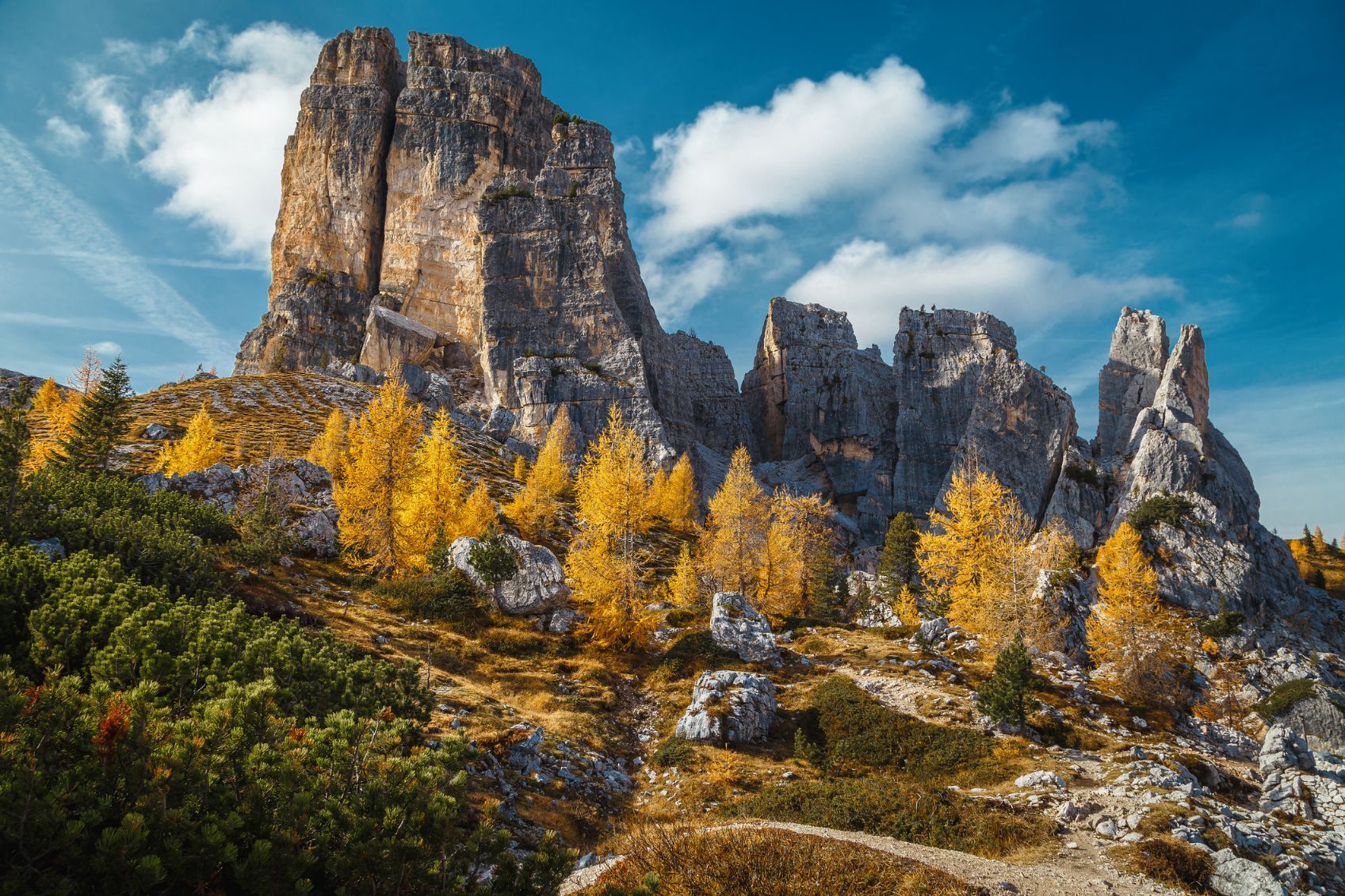 The vivid form of the Cinque Torri, the five fingers of the Dolomites. Photo: Getty