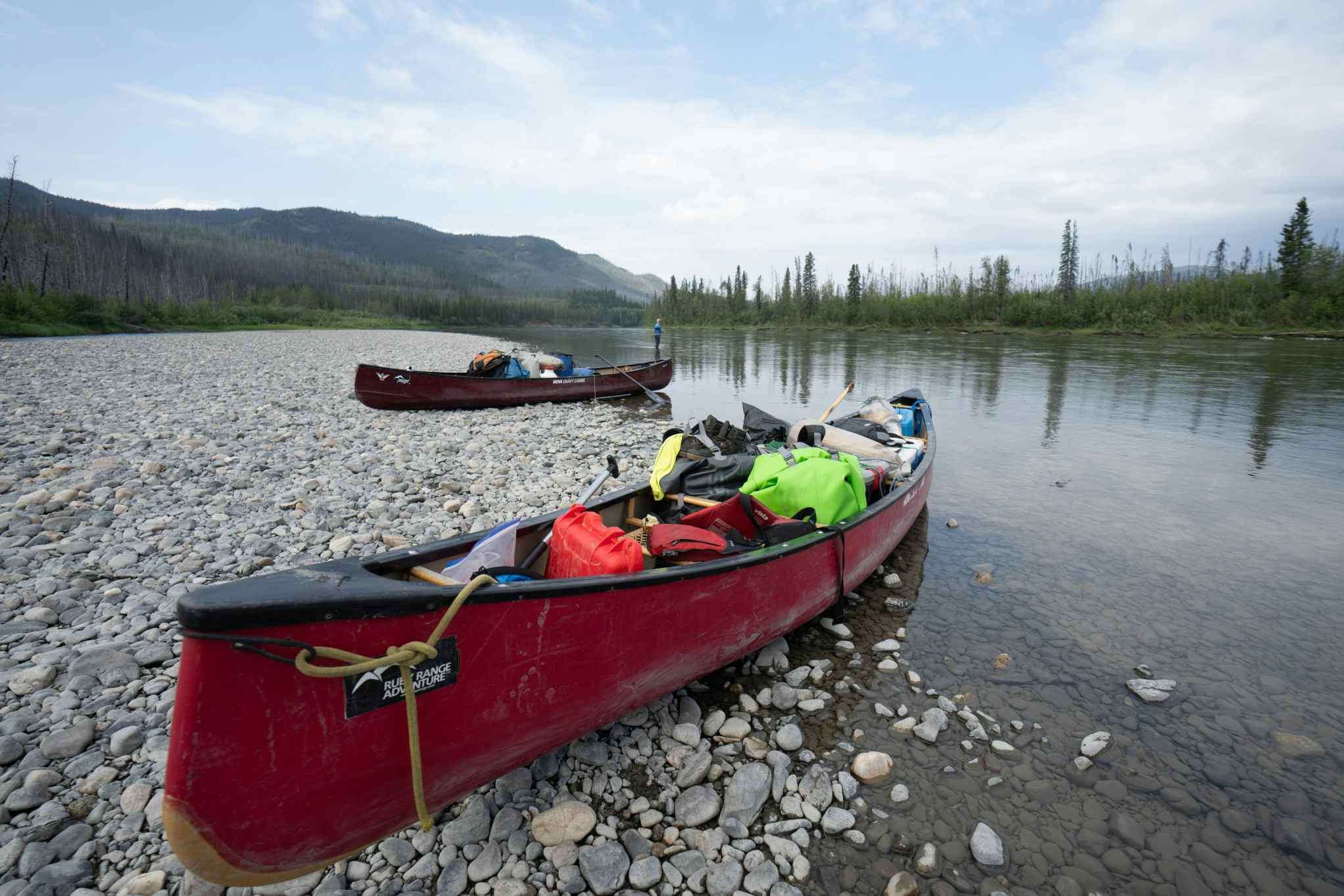 A canoe packed for an expedition in the Yukon.