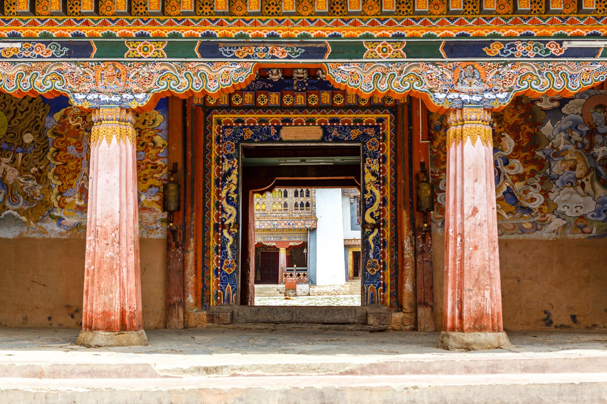 The entrance of the Gangtey Goemba monastery in Phobjikha Valley in Central Bhutan. Photo: Getty