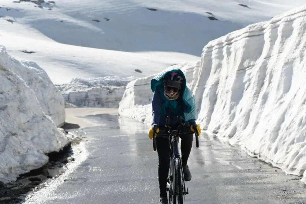 Vedangi near Rohtang Pass, while cycling the Manali-Leh highway in the Indian Himalayas. Photo: Vedangi Kulkarni