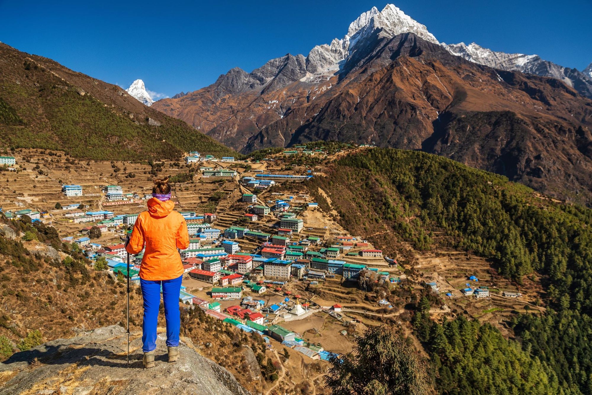 A viewpoint looking down over Namche Bazaar. Photo: Getty.