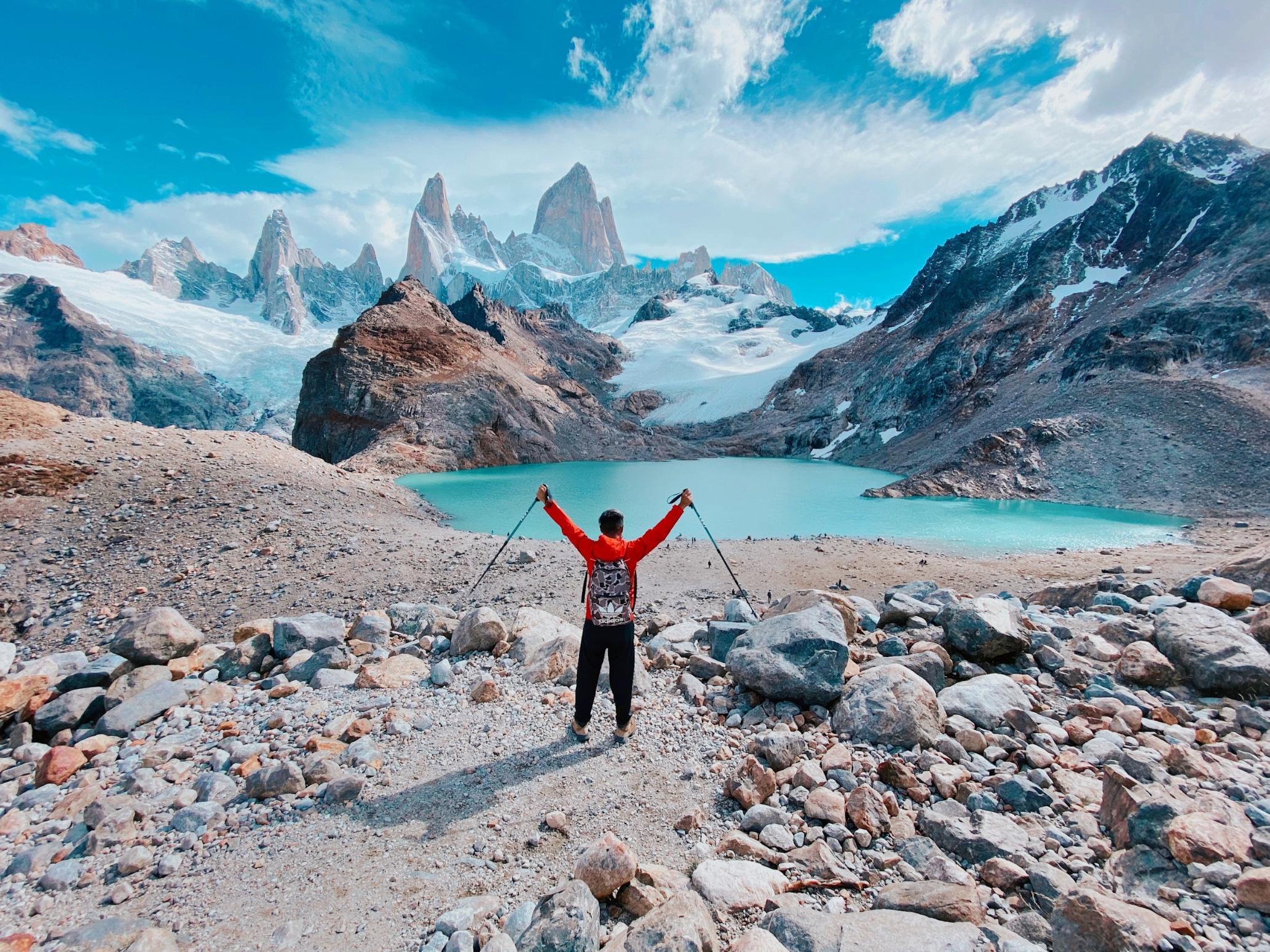 A hiker looking at Fitz Roy in Patagonia. Photo: Say Hueque.