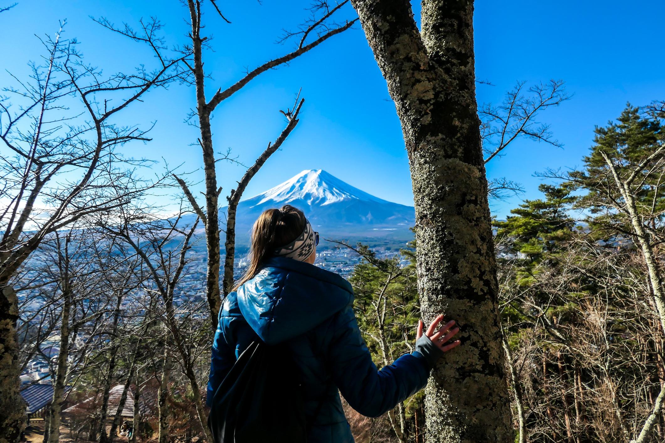 A hiker looking out at Mount Fuji. Photo: Getty.