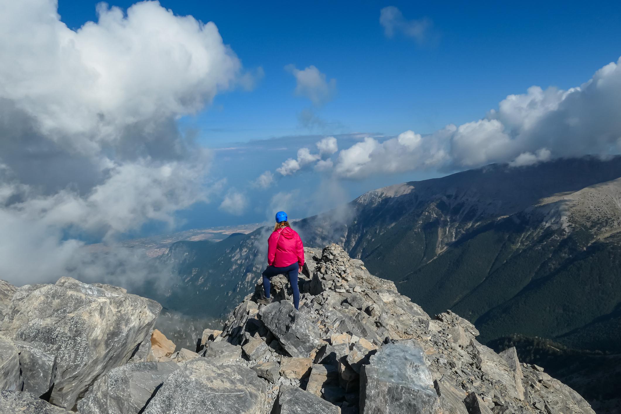 The summit view; of rocky ridges and out to the Aegean Sea. Photo: Getty