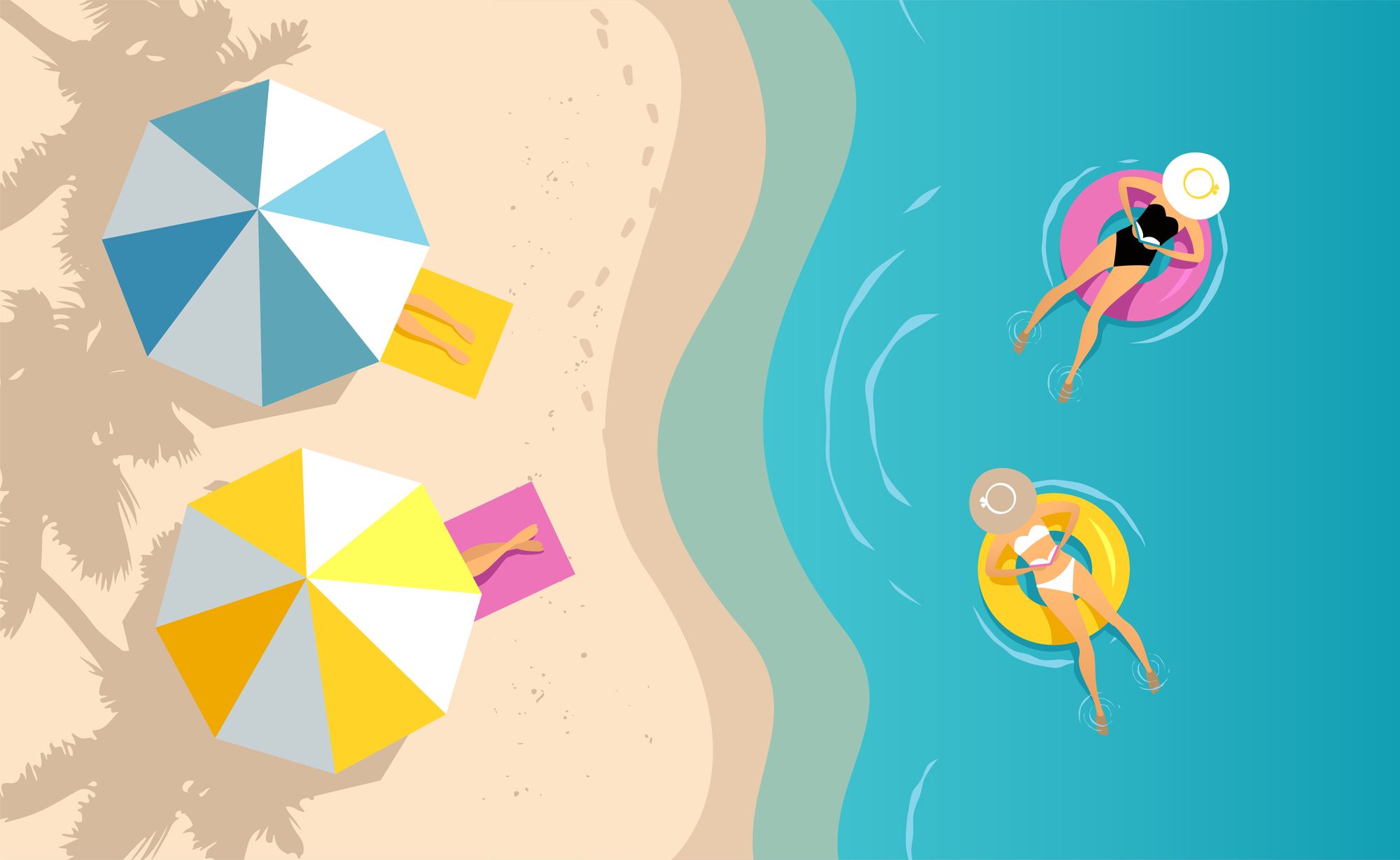 Illustration of women relaxing on the beach.
