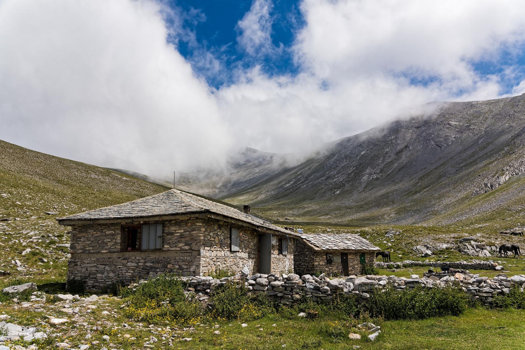The Christakis refuge hut on Mount Olympus, the highest mountain of Greece. Photo: Getty