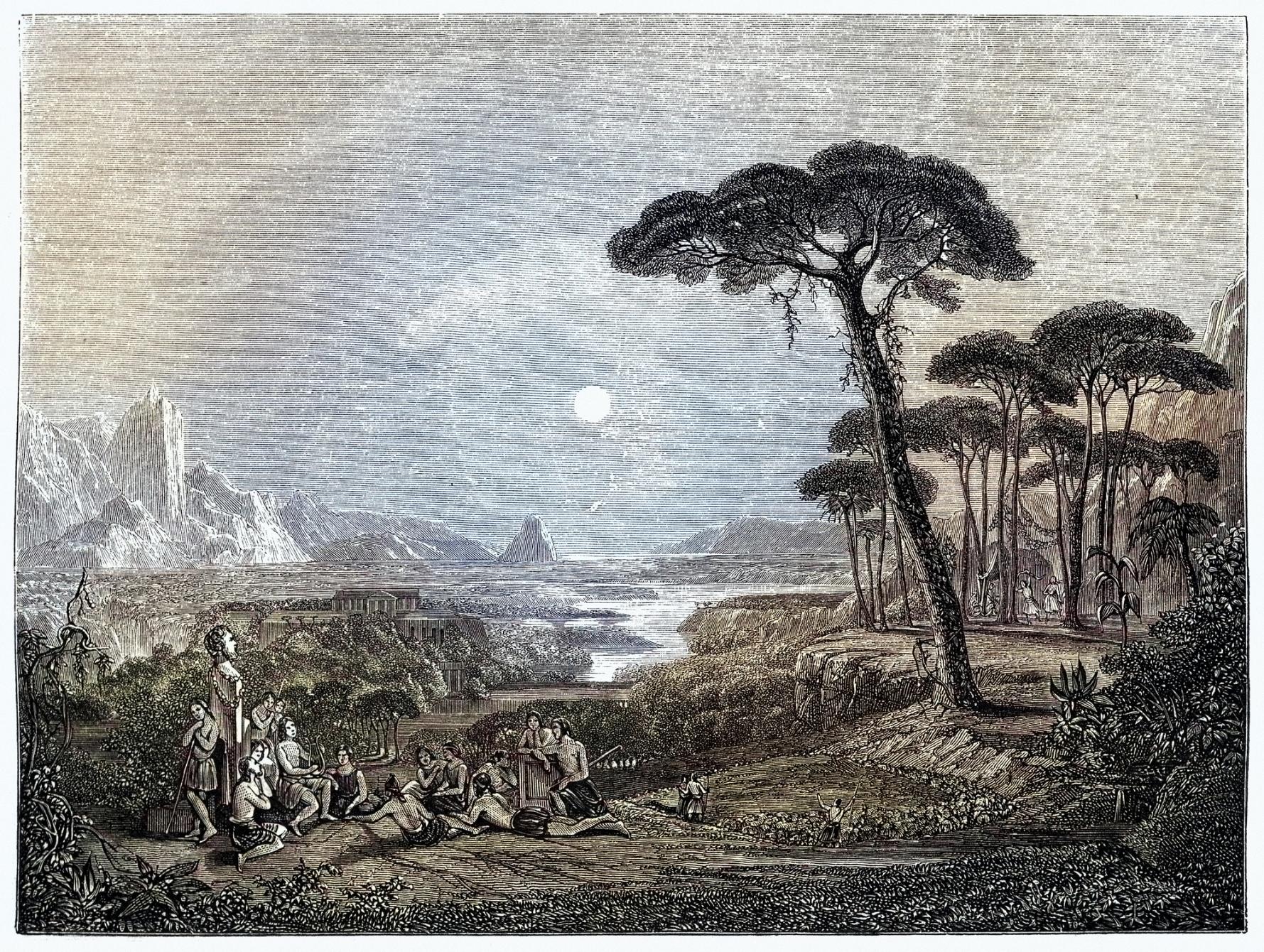 A vintage engraving of a musical competition in Greek mythology between Apollo and a satyr named Marsyas. Credit: Getty