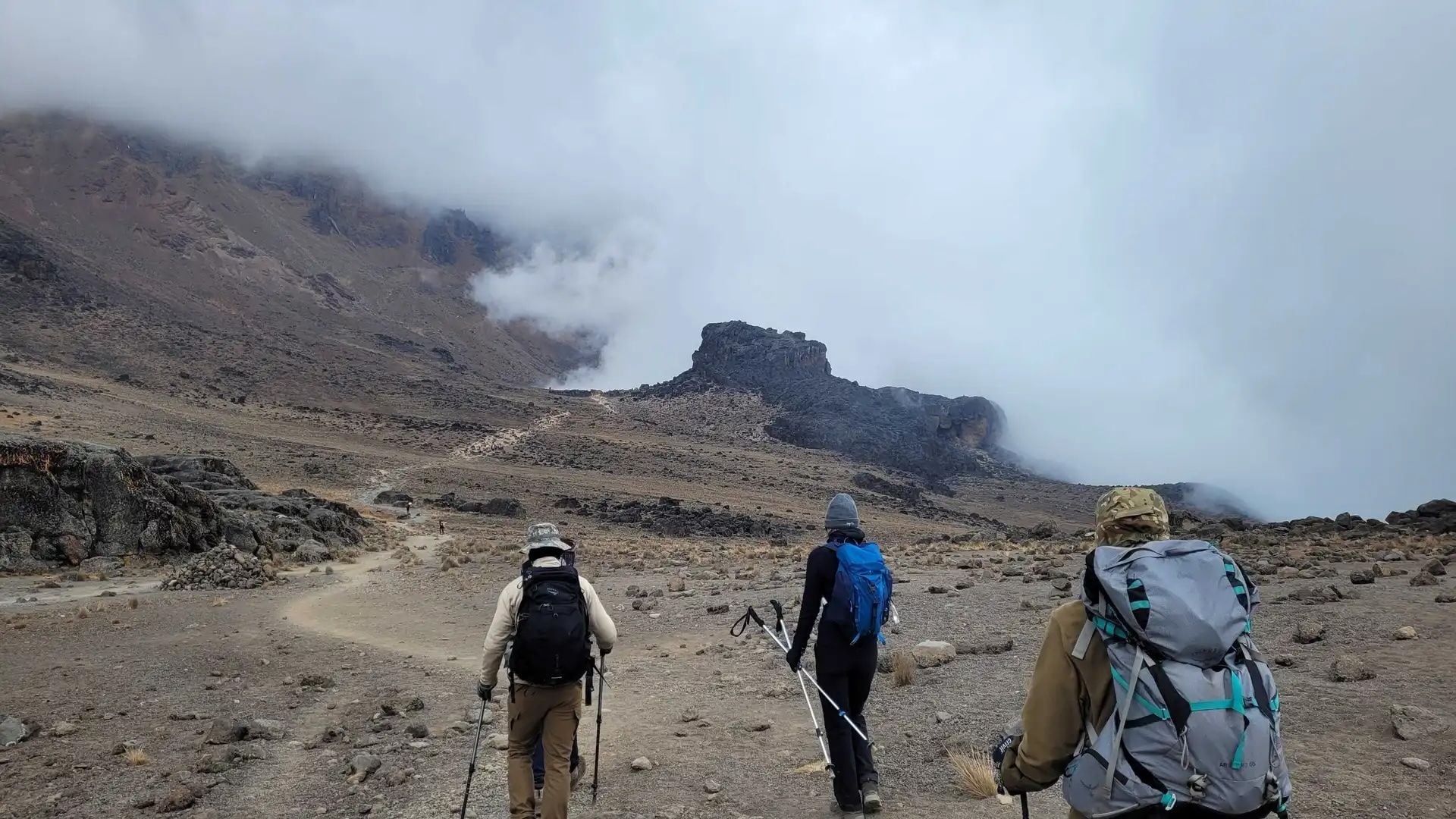 Hikers approaching the Lava Tower on Mount Kilimanjaro. Photo: Getty.
