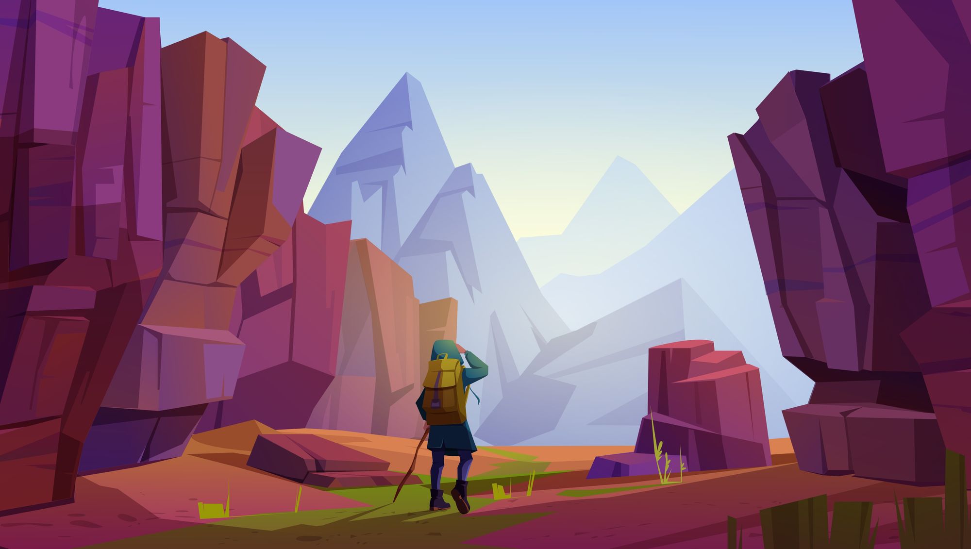 A woman hiking through a canyon illustration.