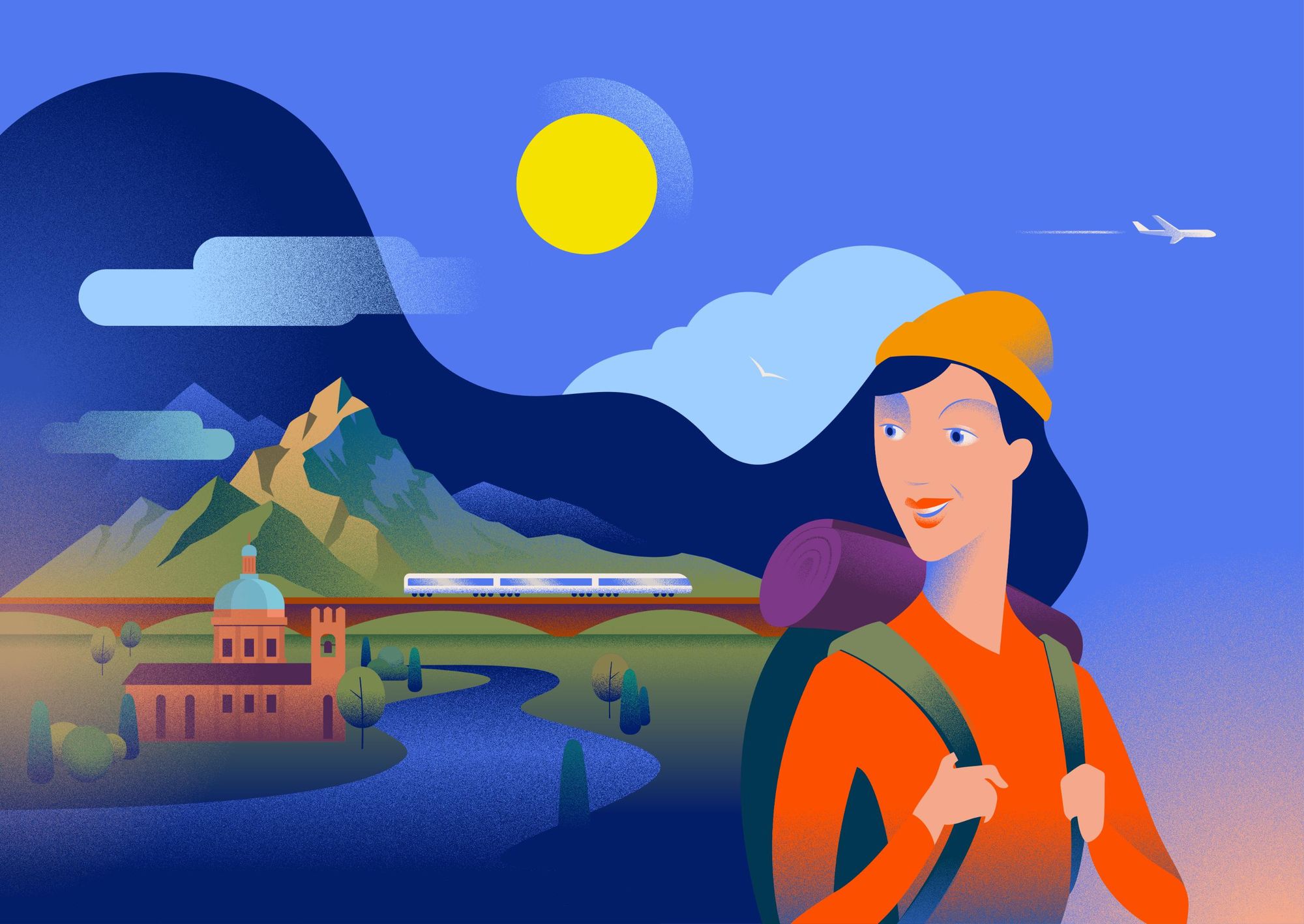 Illustration of a woman travelling solo - mountains, train and plane in the background.