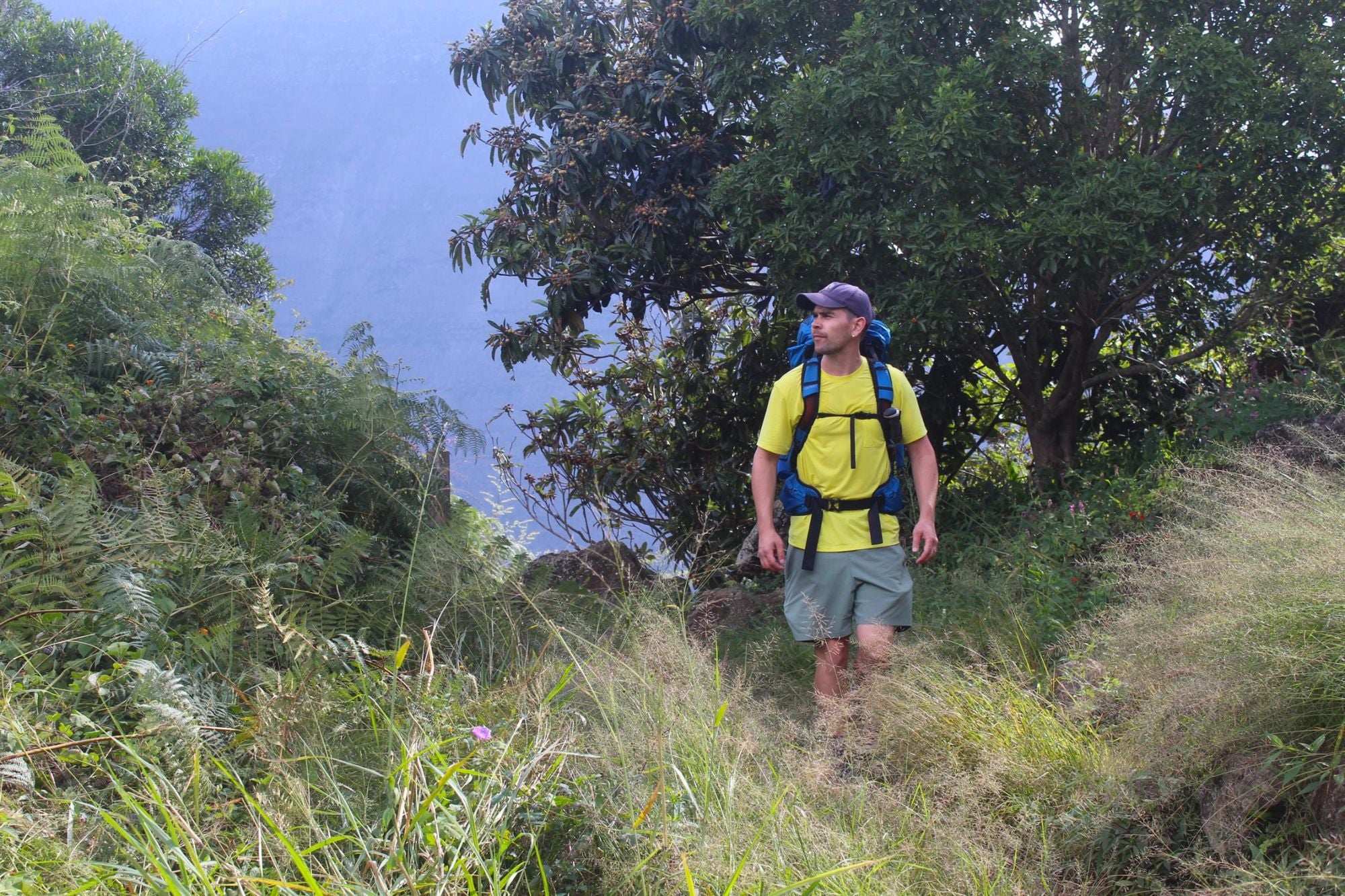 The author hiking through the undulating vegeation of Mafate cirque. Photo: Stuart Kenny