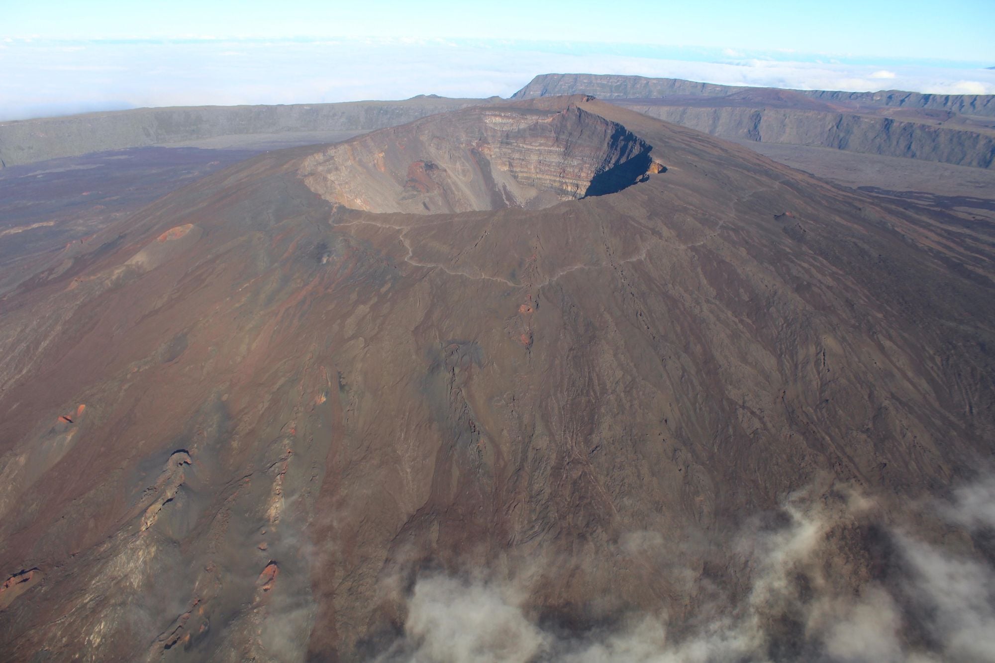 The fiery volcano Piton de la Fournaise, the furnace, seen from a helicopter. Photo: Stuart Kenny
