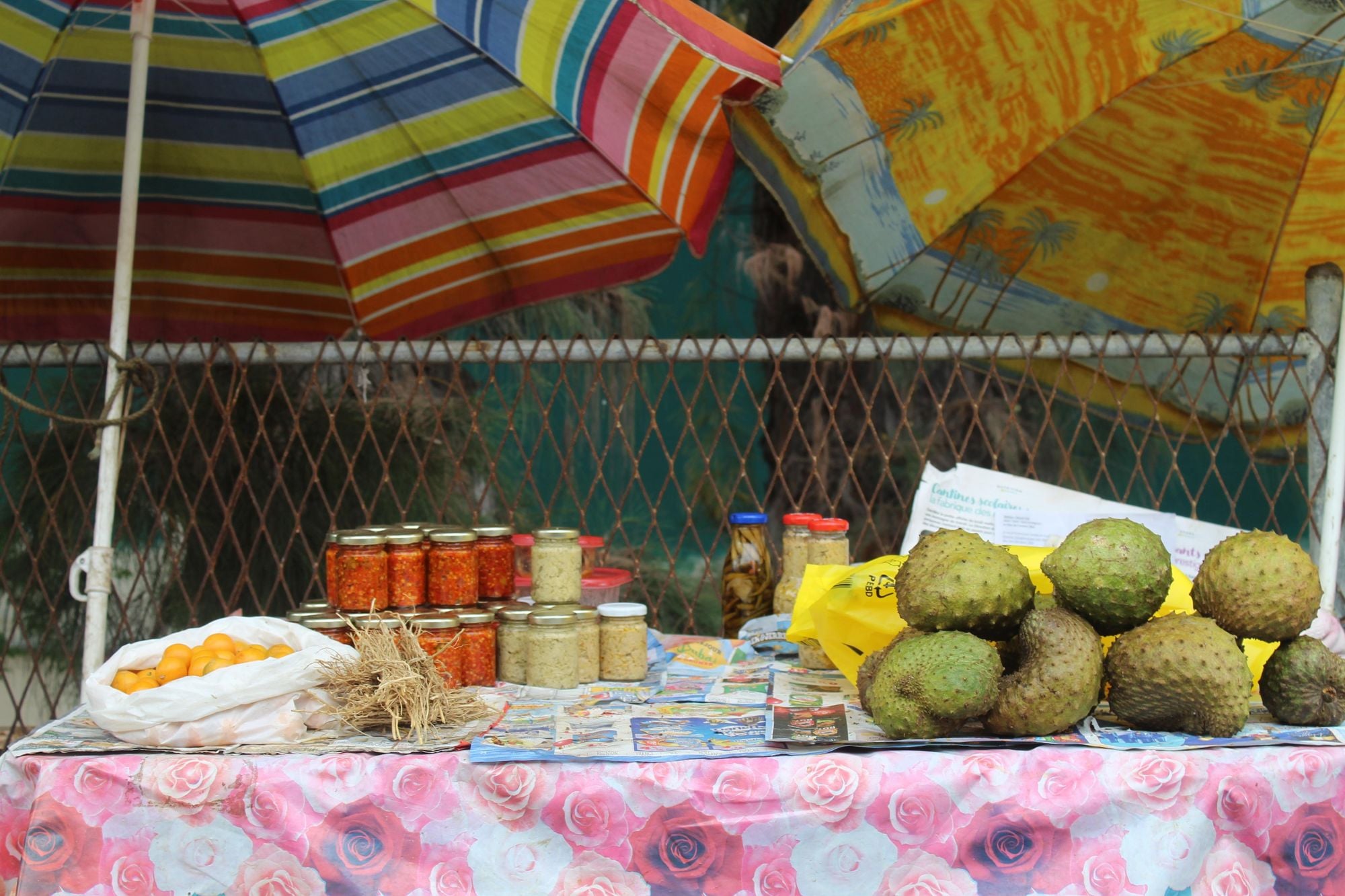 A market stall in Saint-Paul, with rougail in the tubs, back right. Photo: Stuart Kenny