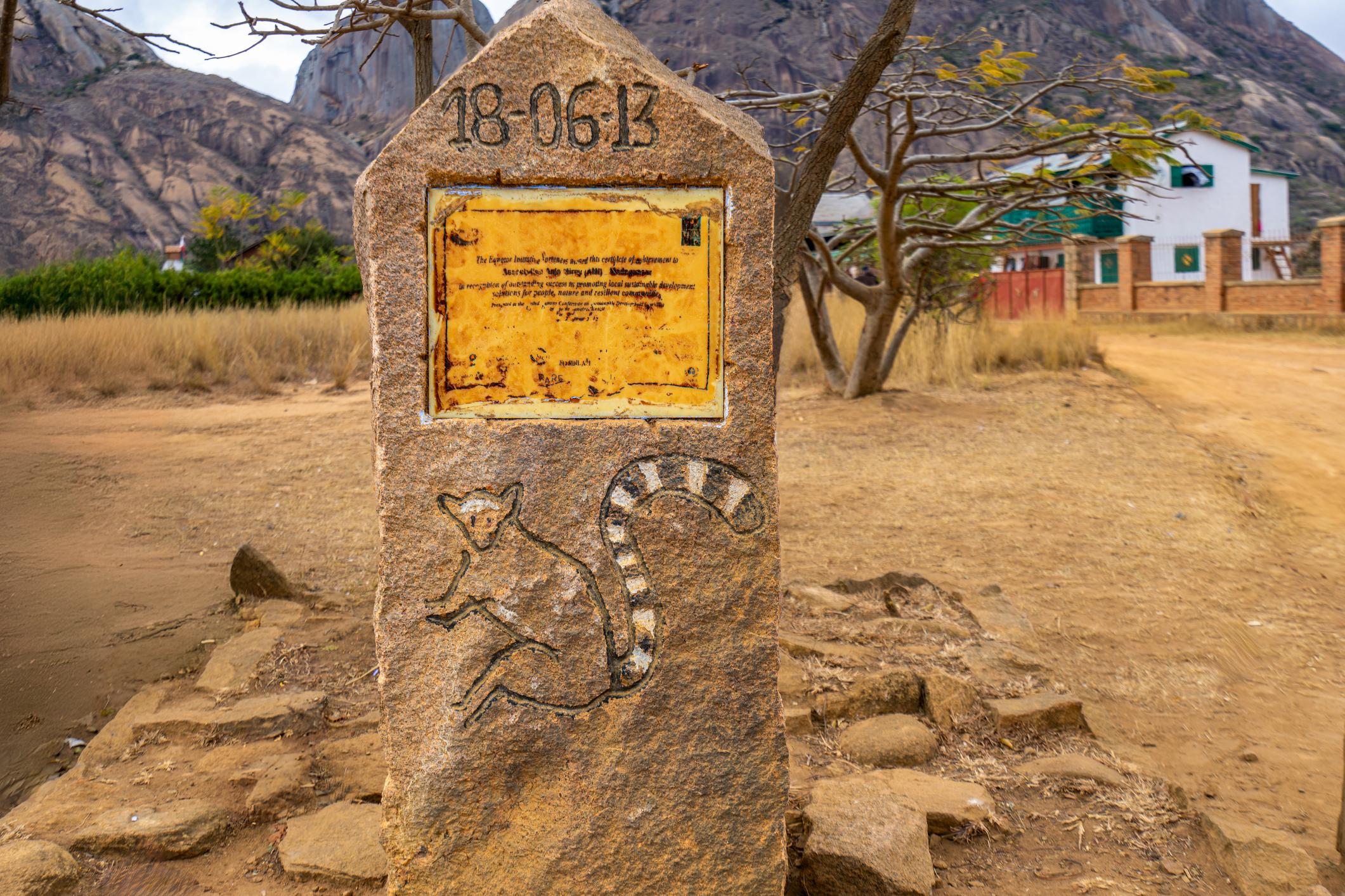 A sustainable tourism stone, marking the opening of Isalo National Park in 2013. Photo: Getty
