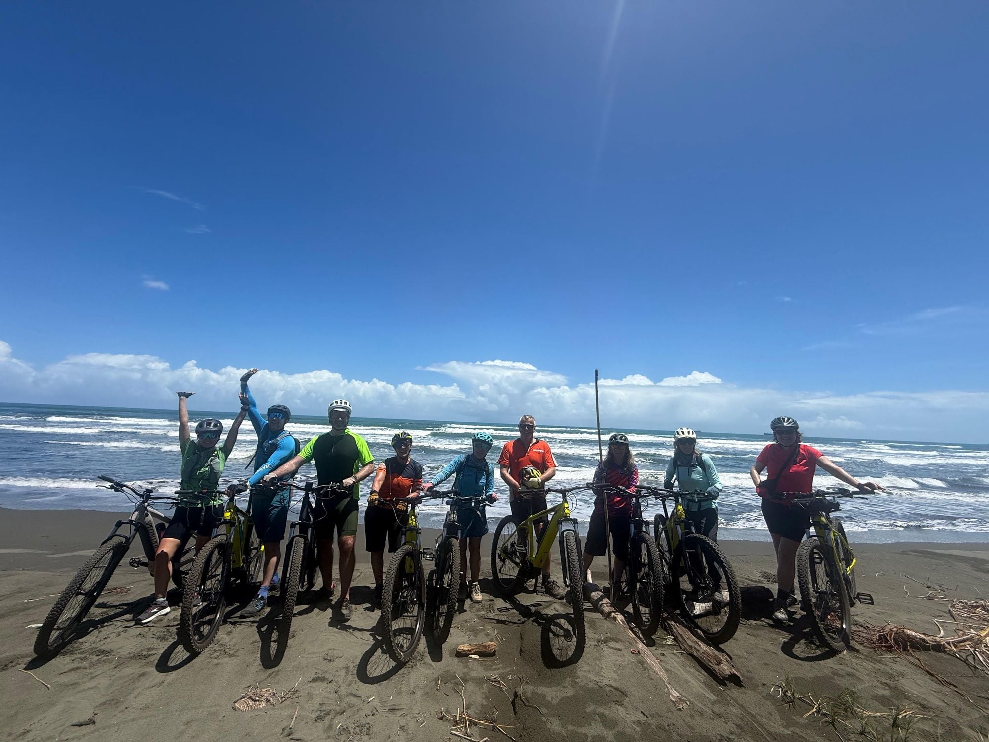 A group of cyclists with e-bikes on Costa Rica's Caribbean Coast.