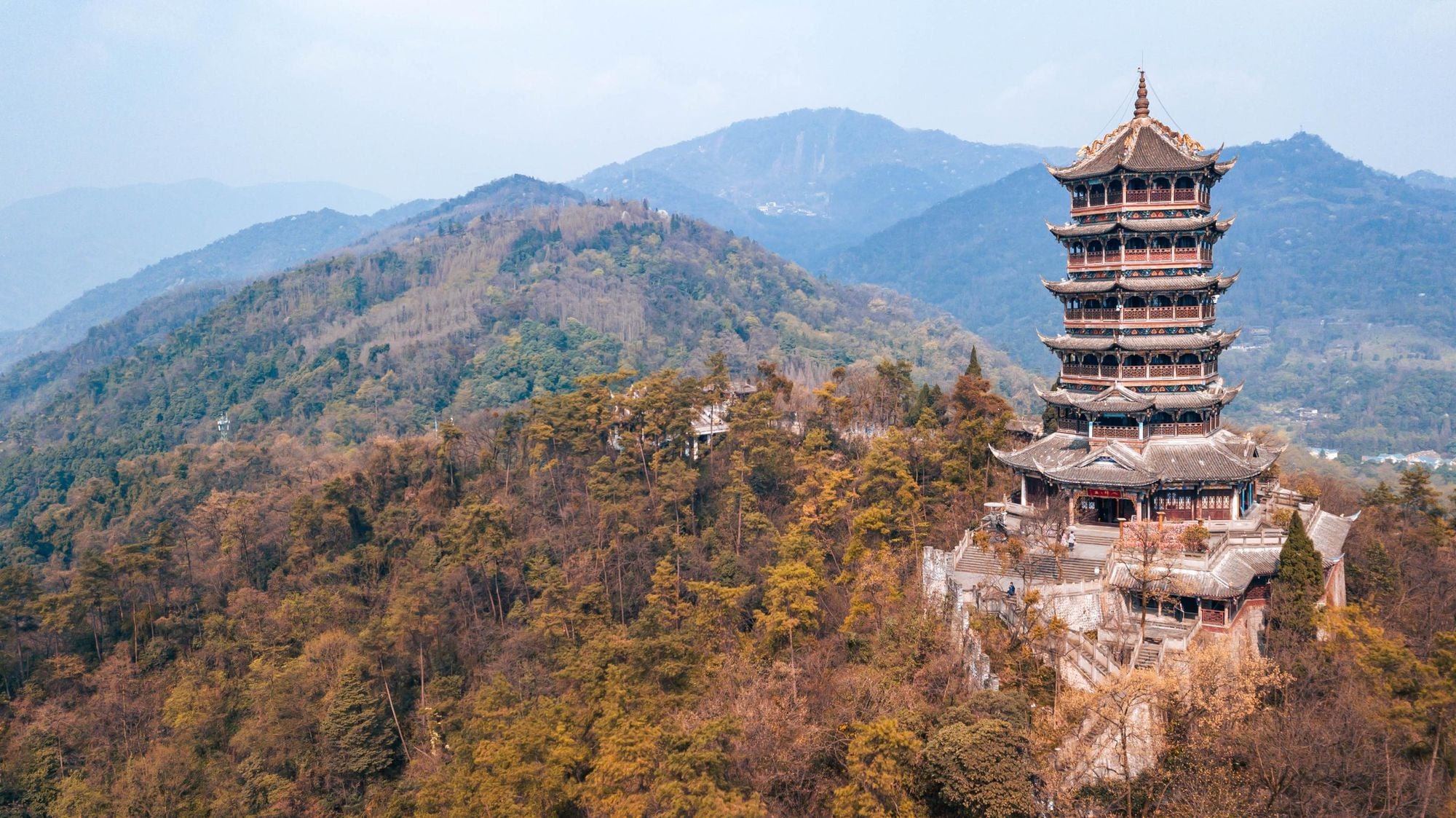 The 33-metre levels of the Laojun Pavillion, rising out of the forests. Photo: Getty