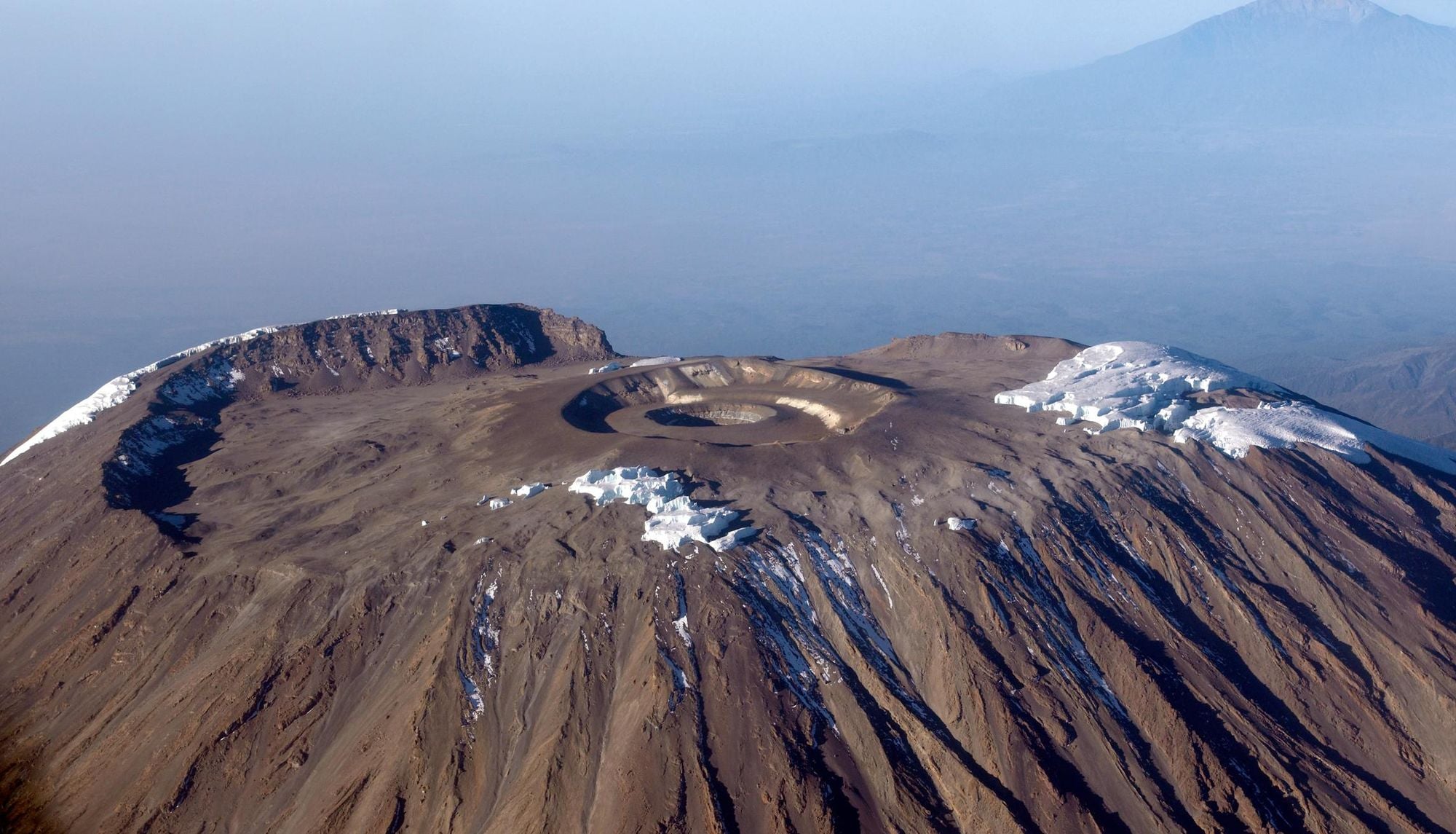 The summit crater of Mount Kilimanjaro, as viewed from an airplane. Photo: Getty