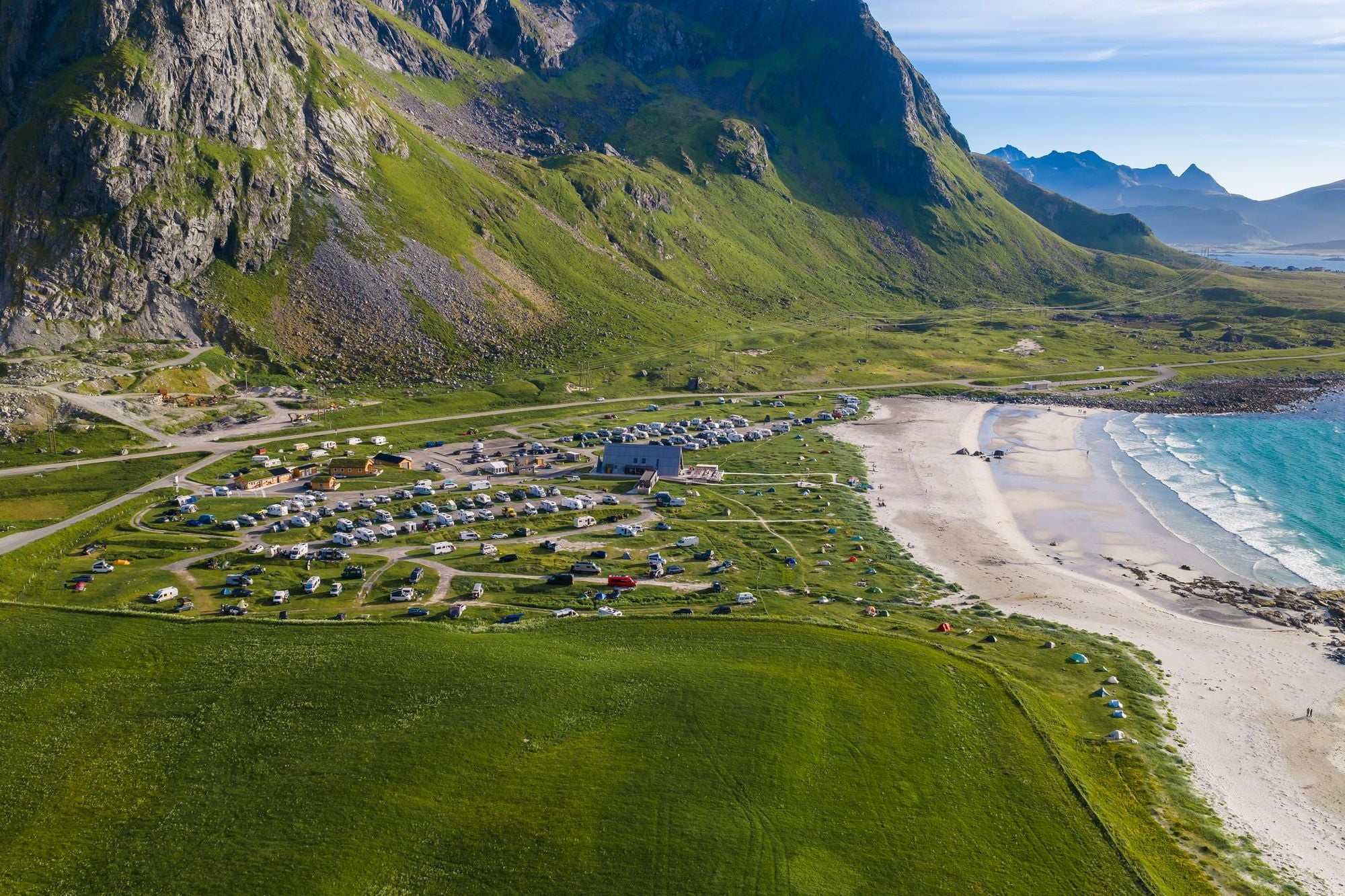 The Lofoten Beach Camp and Tents right on Skagsanden Beach in Ramberg, Lofoten, Norway. Photo: Getty