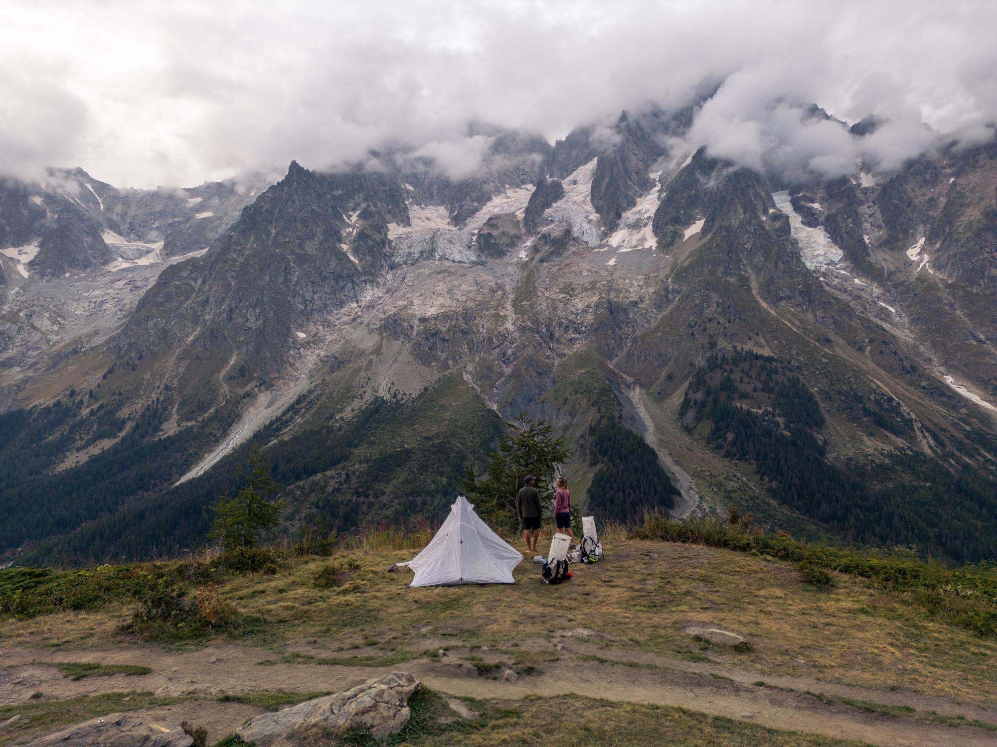 A couple wild camping at the Tour du Mont Blanc route. Photo: Getty