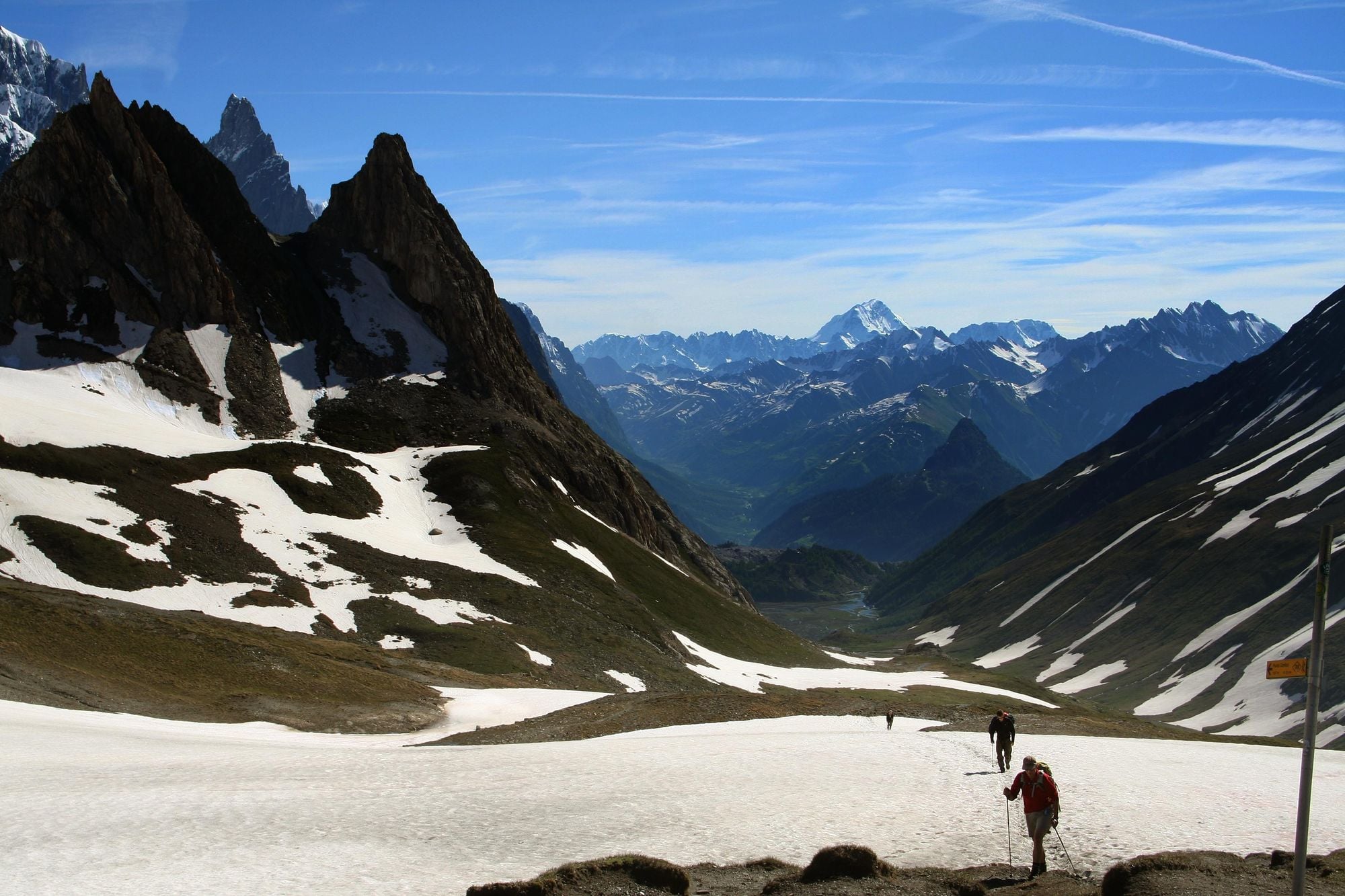 Hikers enjoy the Tour du Mont Blanc trail near Courmayeur, Italy. Photo: Getty