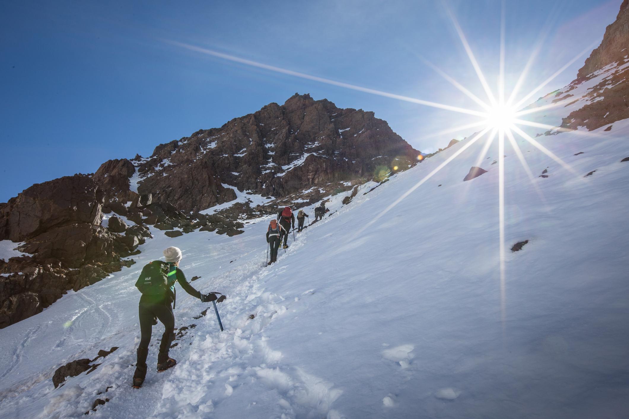 A steep and snowy ascent to the top of Jebel Toubkal, the highest point in North Africa. Photo: Getty