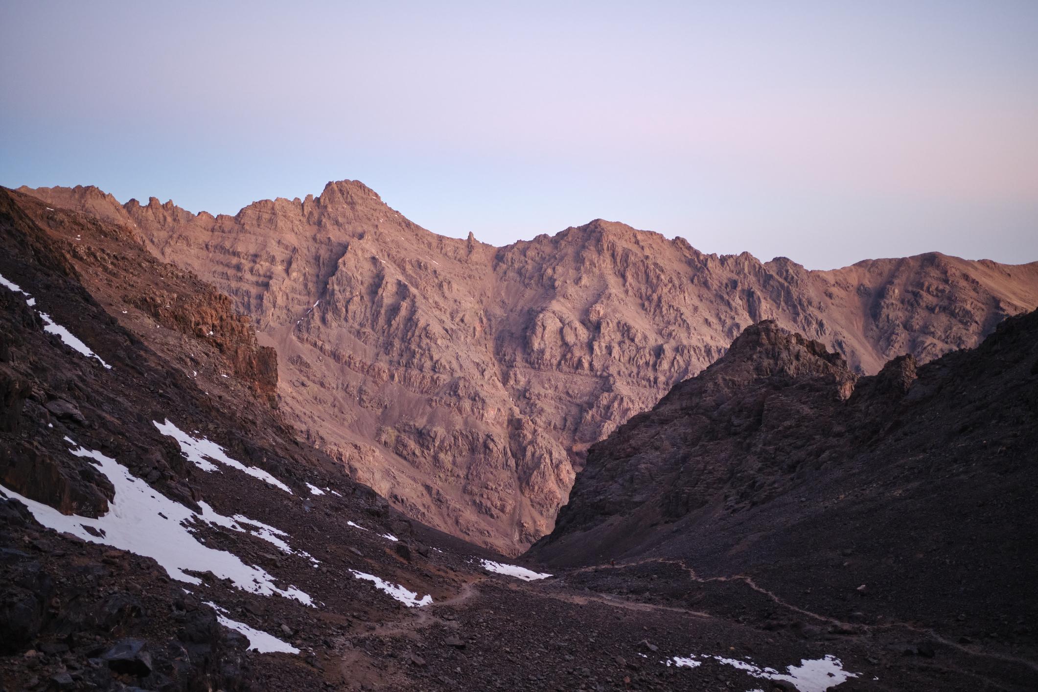 The dusty trail to Mount Toubkal, weaving and winding through the rock. Photo: Getty